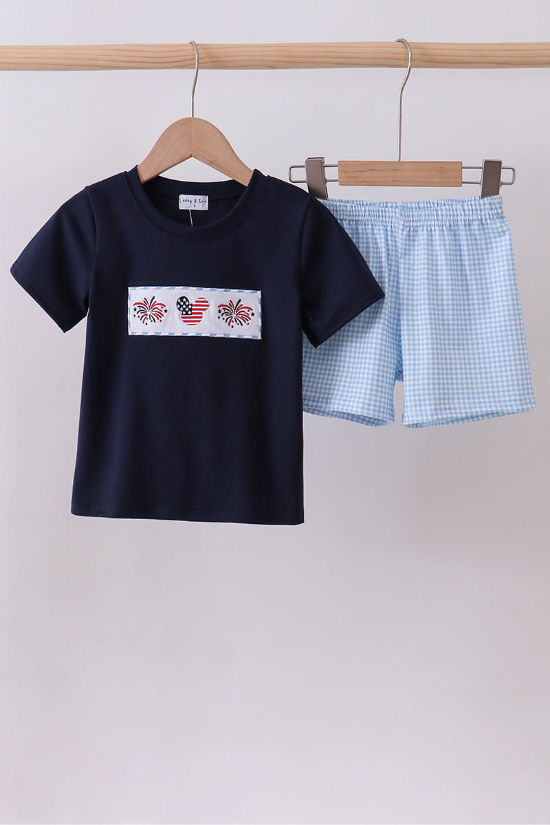 Blue character embroidery gingham shorts set