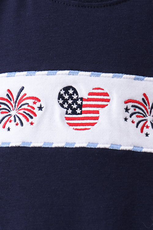 Blue character embroidery gingham shorts set