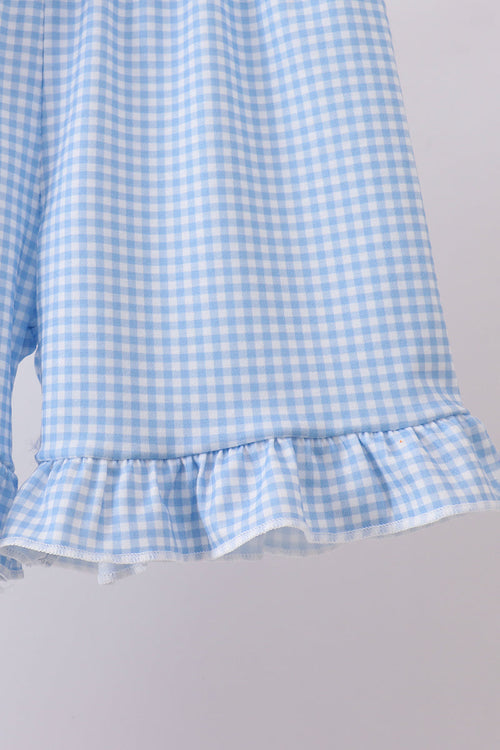 Blue character fireworks embroidery gingham ruffle shorts set