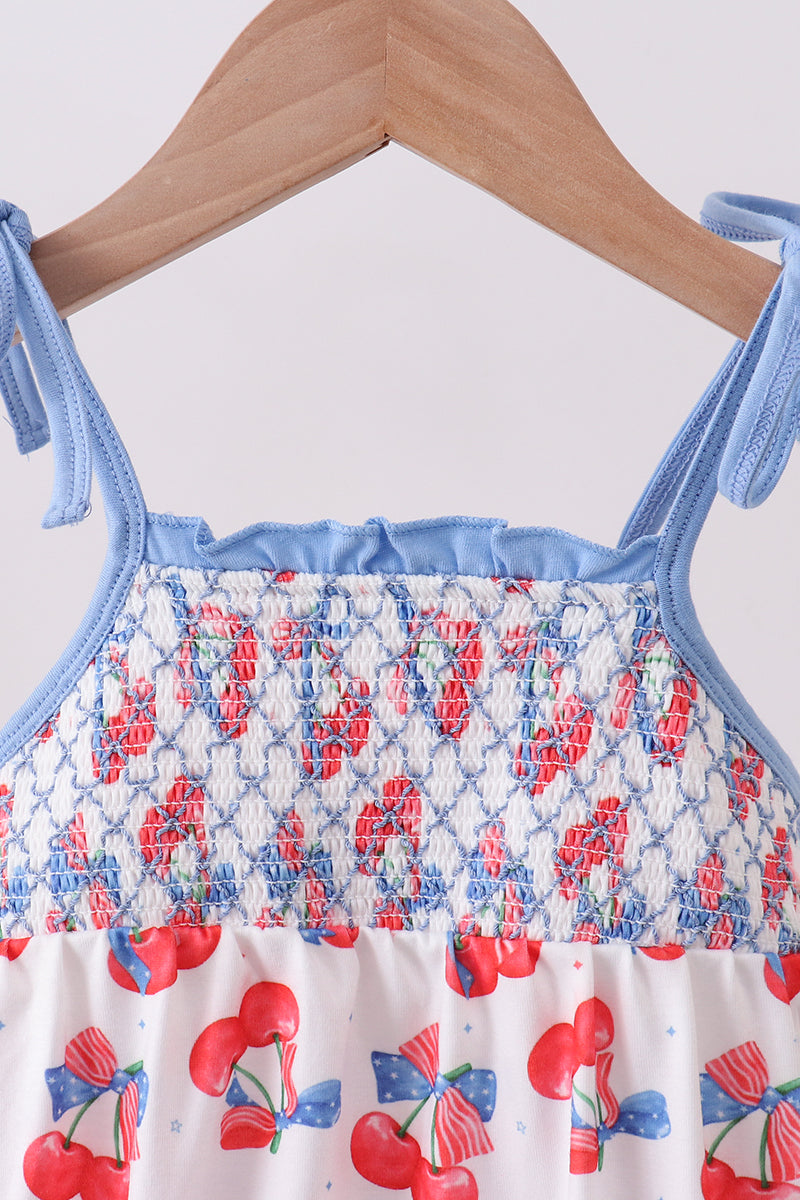 Blue cherry smocked ruffle bubble