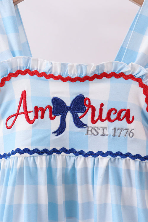 Blue America embroidery gingham ruffle shorts set