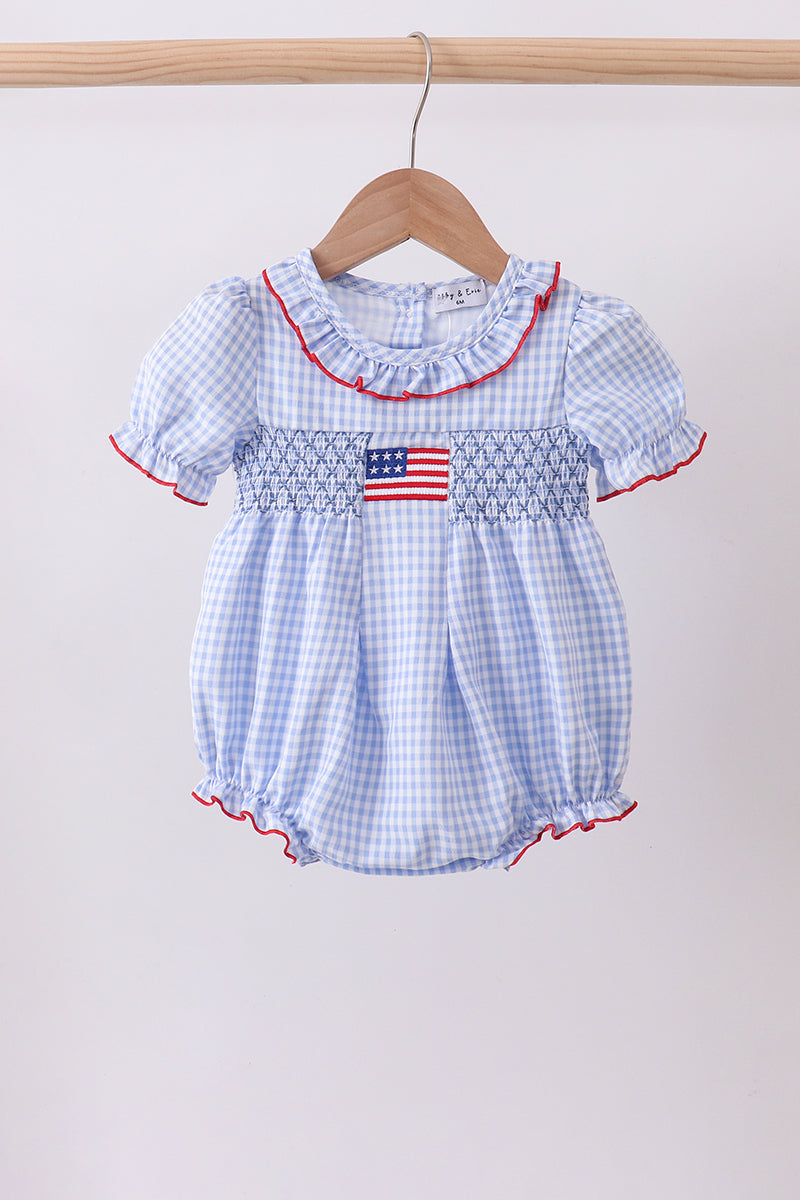 Blue flag smocked ruffle bubble