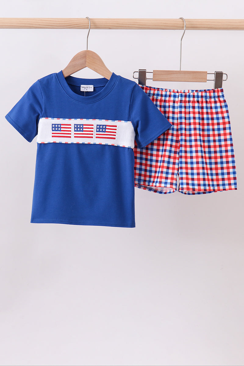 Blue flag smocked gingham shorts set